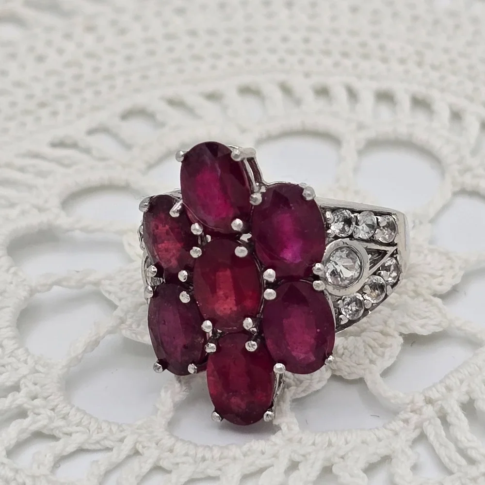925 Cluster Ring Sterling Silver Red Colored Gemstone Flower Size 5